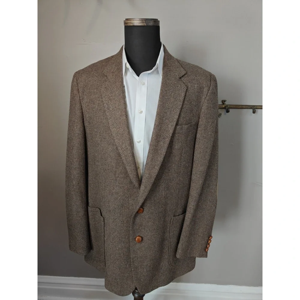 Vtg Haggar Mens Tweed Sports Coat 46L Brown USA Wool Blazer Elbow Patches